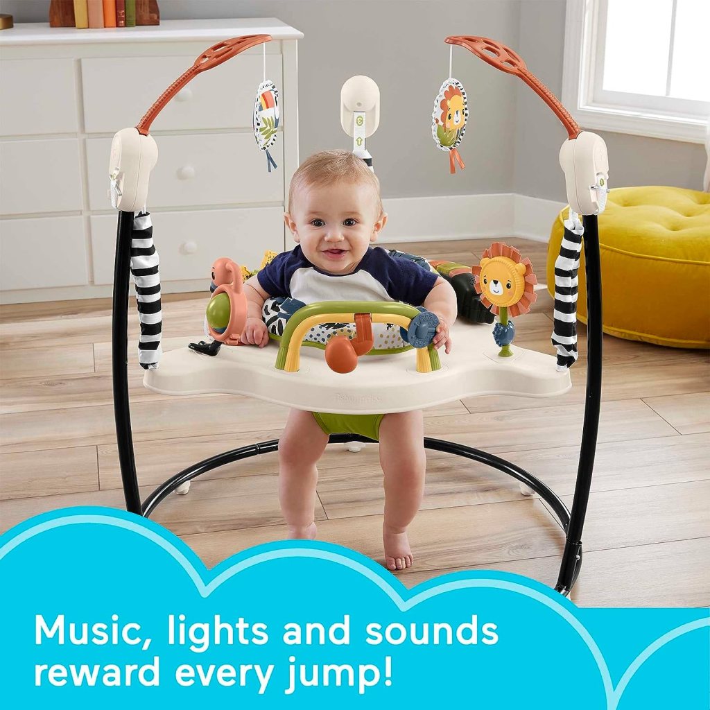Fisher-Price Baby Bouncer Palm Paradise Jumperoo: Music, light and sounds reward every jump!